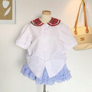White Plaid Collar Puff Sleeve Blouse Preppy